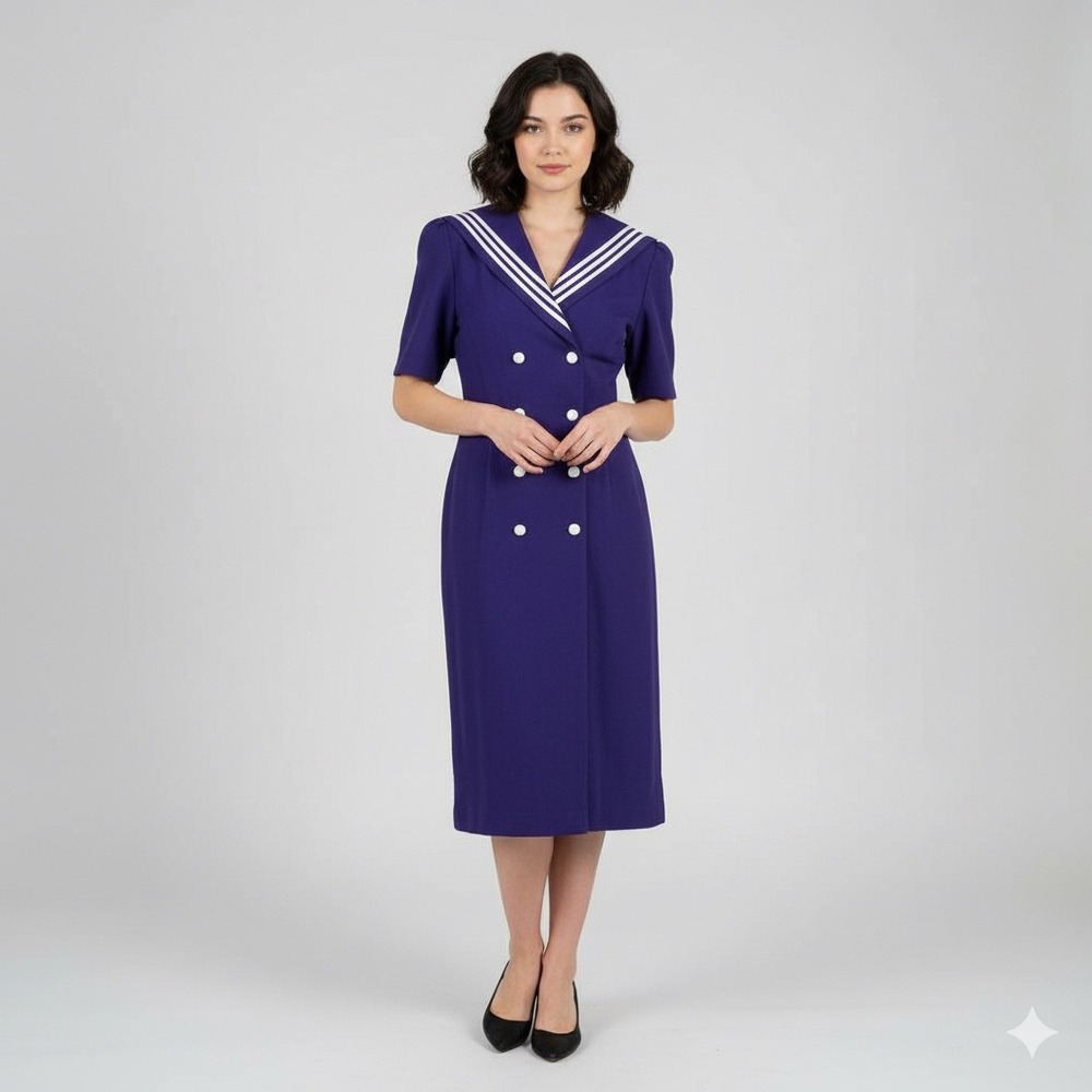 Vintage 80s 90s REO Sailor Midi Sheath Dress Women Medium Purple Cotton Retro